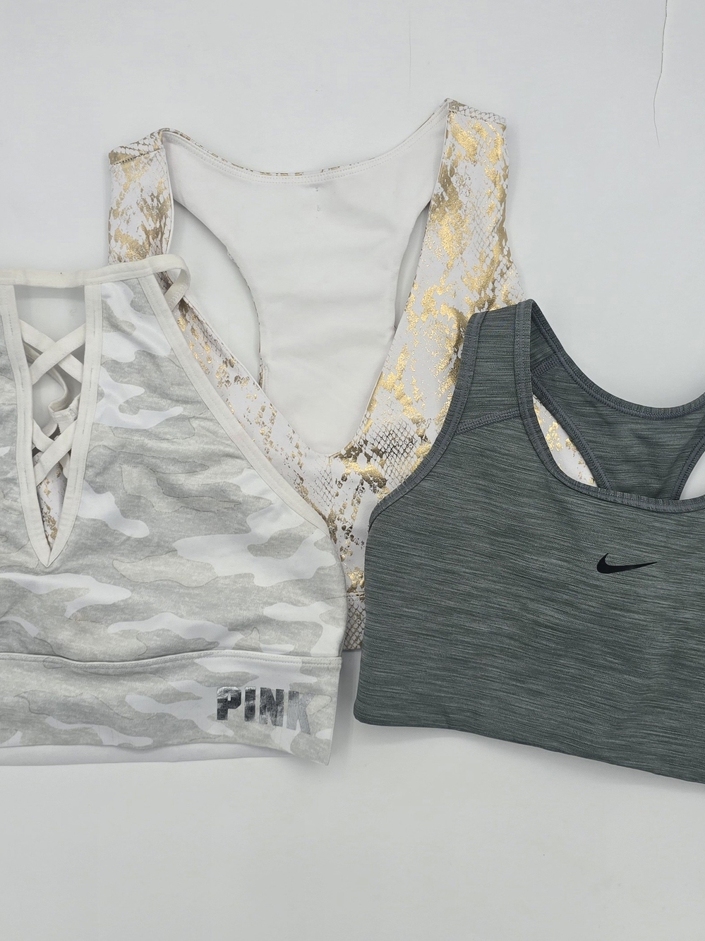 3 PINK Women's Light Gray Camo Strappy Sports Bra, NIKE& Fabletics Sz M